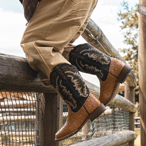 ⚡Kid Brown Ostrich Synthetic Cowboy Riding Shoes Square Toe Wide Calf Boot - Picture 5 of 6